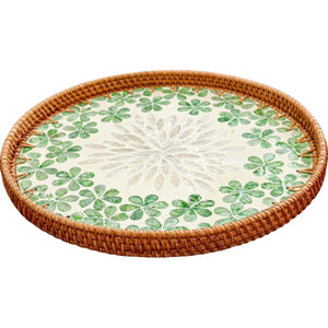 Plateau de service en rotin hexagone tissé à la main floral plateau de Table basse naturel élégant incrustation de nacre pour la décoration intérieure restauration - Product Image 1