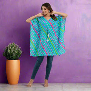 Robe Kaftan en Coton Imprimé Leheriya Bleu Clair Taille XS Respirante et Élégante pour Tenue de Soirée Type de Fourniture ODM SHKUP1229 Design - Product Image 1