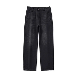Jean en denim noir taille haute coupe droite délavé pour homme, style décontracté, coupe régulière, tissu coton automne - Product Image 1
