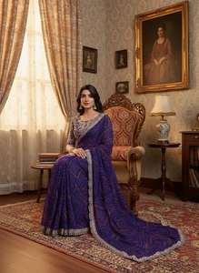 Hermoso Sari de Boda para Mujer, Tela Georgette Suave, Bordado Bandhej, Encaje, Blusa con Bordado Intenso, Hecho en India, Disponible en Stock - Product Image 4