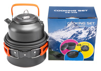 Ensemble de cuisine de camping en plein air, ensemble de pique-nique, casserole, poêle, théière, tasse, manches en silicone résistantes à la chaleur, fourchette, cuillère, couteau, assiette, combinaison