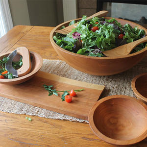 Bol de service en bois d'acacia bol à salade de fruits ensemble de 3 pièces bol en bois de forme ronde avec fourchette cuillère en forme de main pour la cuisine et le dessus de table - Product Image 1