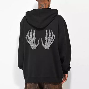 Korean Heavy Cotton <b>Zip</b>-<b>up</b> <b>Hoodie</b> <b>Black</b> Oversized Custom Design with Rhinestone for Winter Season - Product Image 5