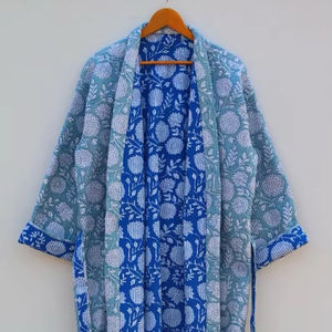 Handmade Indian Quilted Washed Block Print Reversible Kantha Robe Japanese <b>Kimono</b> Style Winter Casual <b>Jacket</b> Multi-Colored Tie - Product Image 1