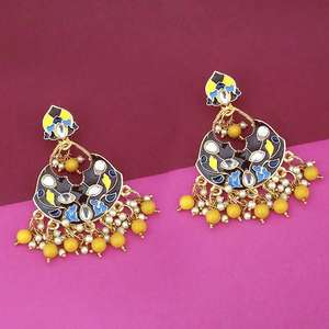 Kriaa 1314217G Boucles d'oreilles fines plaqué or Kundan Multi Meenakari Dangler Dangle Jewelry - Product Image 1