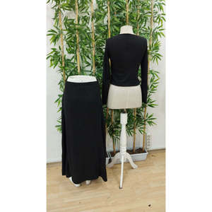 Women'<b>s</b> Long-Sleeve Button-Front <b>Blouse</b> <b>and</b> High-Waisted A-Line Long Skirt with Brushed Fabric, Two-Piece Set, 29766 - Black - Product Image 5