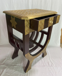 Traditional Wooden Nightstand With Gold Inlay Brass Fitted And Single Drawer Bedroom Furniture Decorative Side Table Nighstand - Product Image 6