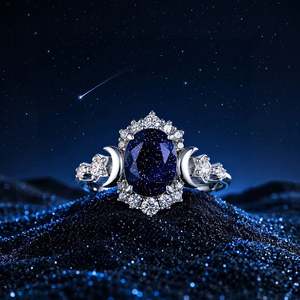 แหวนหินทรายสีน้ำเงินรูปวงรีลายดาวและพระจันทร์ Jeulia Galactic Star and Moon - Product Image 4