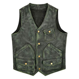 Chaleco de cuero Vintage para hombre, Chaleco de cuero de vaca Real encerado verde para caza y pesca, chaleco de cuero estilo Club con bolsillos - Product Image 1