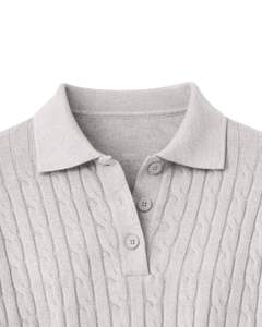 Pull en maille torsadée gris clair pour femmes, col polo, manches longues, ourlet côtelé, patte de boutonnage, pull décontracté d'hiver pour femmes - Product Image 5