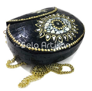 Oxidised Miniature Metal <b>Clutch</b> Bag, <b>Embellished</b> Mosaic Wristlet & Crossbody Bag, Ethnic Festive Bags - Product Image 4