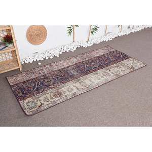 Alfombra tradicional vintage de lana azul y beige, diseño de retazos de 3x6,5 pies para entrada o cabecera, Alfombra de yute con respaldo de látex para verano - Product Image 2