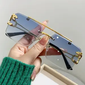 Modieuze Gouden Tijgerkopzonnebril Metalen Vierkant Frameloze Cut Edge Zonnebril Coole Mannen En Vrouwen Bril Groothandel