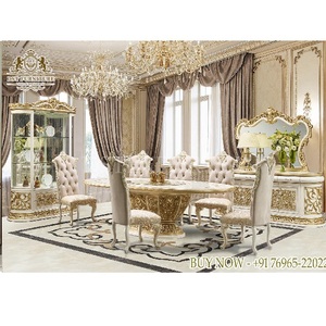 Ensemble de salle à manger victorienne en or blanc rococo design table à manger design américain pour bungalow ensemble de salle à manger turc sculpté à la main en teck - Product Image 1