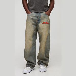 Pantalones Vaqueros de Mezclilla para Hombre, Estilo Urbano, Corte Recto y Holgado, Transpirables, con Lavado a la Piedra en Tono Oscuro, Bordado y Botones, Gran Venta - Product Image 1
