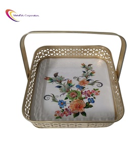 Bandeja Rectangular Pichwai con Mango de Flores, Diseño Personalizado, Venta Al por Mayor, Precio Bajo, Alta Calidad, Hierro, Metal, Esmalte, Bandeja para Servir - Product Image 1