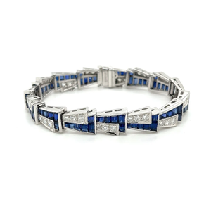 Bracelet à Maillons Miroir Art Déco Platine Saphir Bleu et Diamant Bracelet Tennis Coupe Baguette Saphir et Coupe Ronde - Product Image 1