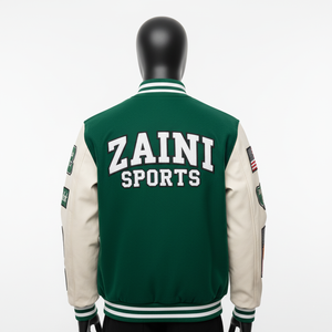 Veste d'université en laine de qualité supérieure verte avec manches blanches veste d'université de style streetwear avec logo de broderie en chenille personnalisée pour hommes - Product Image 2