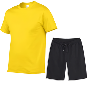 <b>Men's</b> <b>Yellow</b> Crew Neck T Shirt and Black Drawstring <b>Shorts</b> Two Piece Summer Sporty Tracksuit Set - Product Image 3