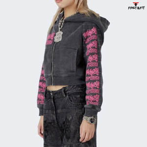 Sweat-shirt à capuche à manches courtes pour femmes en tricot imprimé avec logo personnalisé-Sweat-shirt à manches longues - Product Image 3