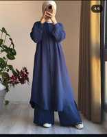 Ensemble Abaya Deux Pièces Modeste Simple et Uni en Lin, Blouse et Pantalon, Vêtements Islamiques pour Femmes Musulmanes, Vente en Gros Inde Malaisie Dubaï, Prix Bas