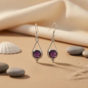 Boucles d'oreilles pendantes en améthyste plaquées argent pour femme, forme goutte d'eau vintage, serties de pierres, en alliage, bijoux fantaisie, accessoire de fête - Product Image 3