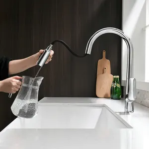 Modern Style Hot Cold Water Tap Stainless Steel Brass Deck Mounted Pull Down Kitchen Faucet