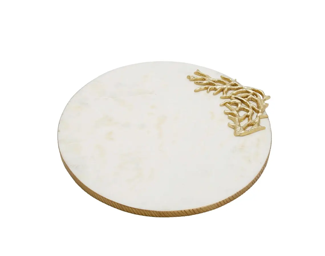Round Marble Tray Gold Branch On Corner and Gold Edge 13"D Customized Hotel And Home Wedding Tableware Serving Flat Platter Tray