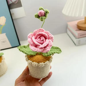 Crochet transfrontalier fait main en coton, fleur artificielle en fil de rose, bonsaï en pot pour bureau, décoration d'intérieur, ornements, cadeau, voyage - Product Image 4