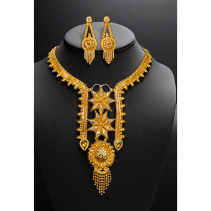 Acheter Collier boucles d'oreilles sertie de 22K plaqué or haut de gamme conçu pour les femmes collier boucles d'oreilles ensemble bijoux - Product Image 1