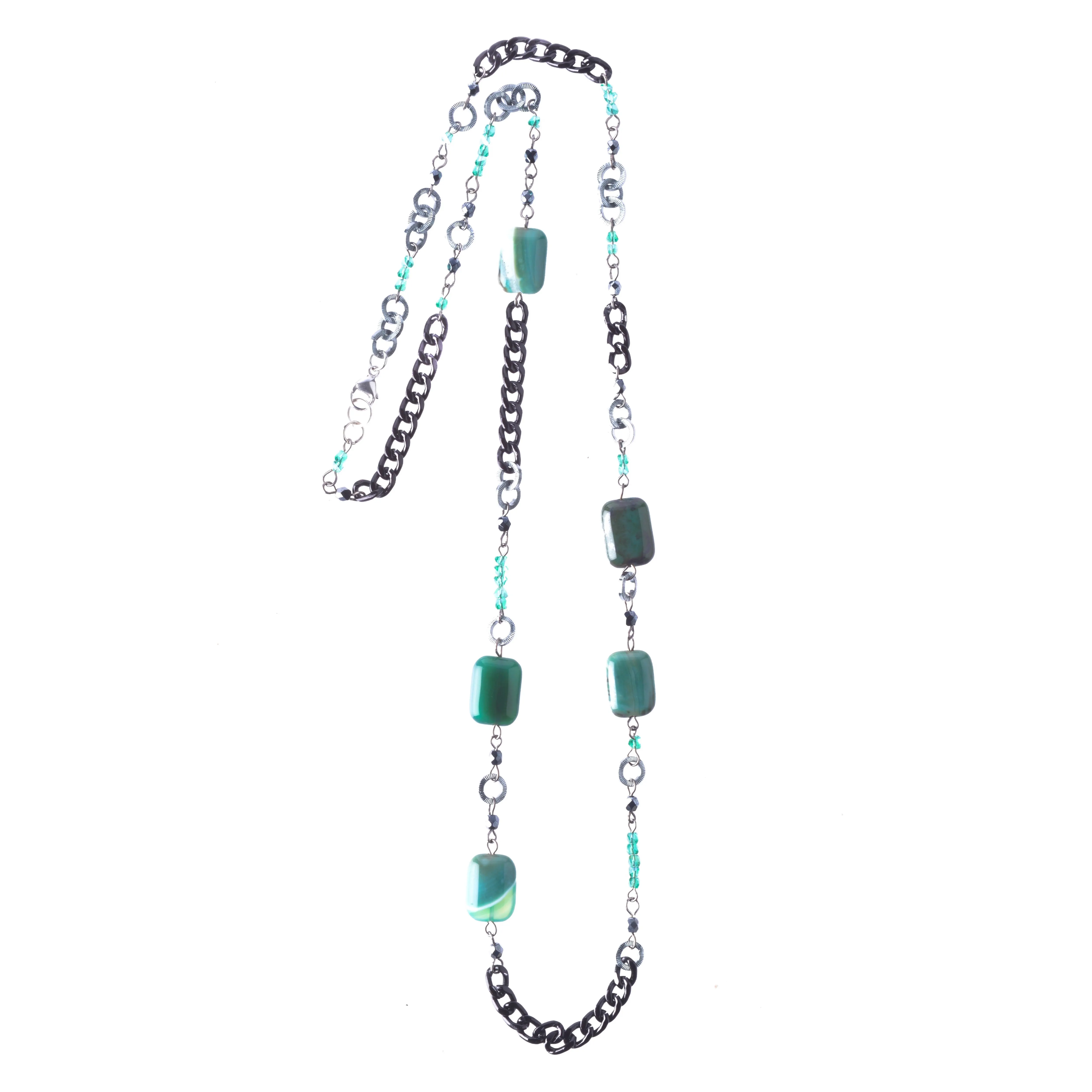 Necklace with black metal chain Long Green agate stones High quality materials For woman young look For every days