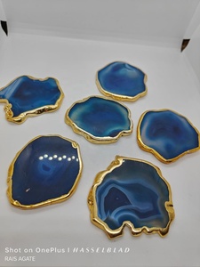 Rais <b>Agate</b> Natural Blue <b>Agate</b> <b>Coaster</b> Polished Gemstone Slice Gold Edge Durable Drink Table Decor Housewarming Gift - Product Image 6