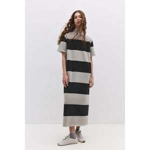 Vestido Midi a Rayas con Cuello Cerrado y Abertura - Product Image 1