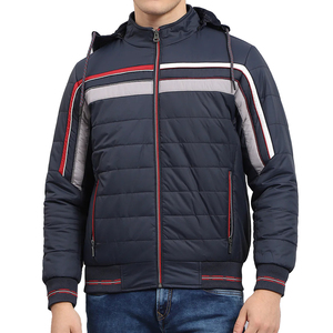 Veste matelassée bleu marine sportive pour homme, veste matelassée à rayures contrastées avec ourlet côtelé et fermeture éclair intégrale, vestes matelassées pour homme à bas prix - Product Image 1