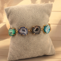 Bracelet ajustable en laiton plaqué or avec agate géode naturelle et druse, fermoir à bascule, pour femme