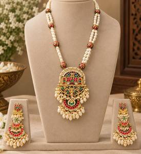 TISHYA DIAMOND Ethnic Gold Plated Round Brilliant Cut <b>Pearl</b> Necklace Earring <b>Set</b> Women's Wedding <b>Jewelry</b> Alloy - Product Image 1