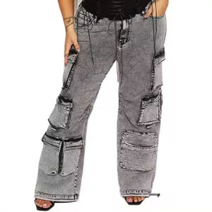 Pantalones vaqueros holgados de algodón de talla grande con bolsillos estampados de alta calidad personalizados OEM para mujer - Product Image 2
