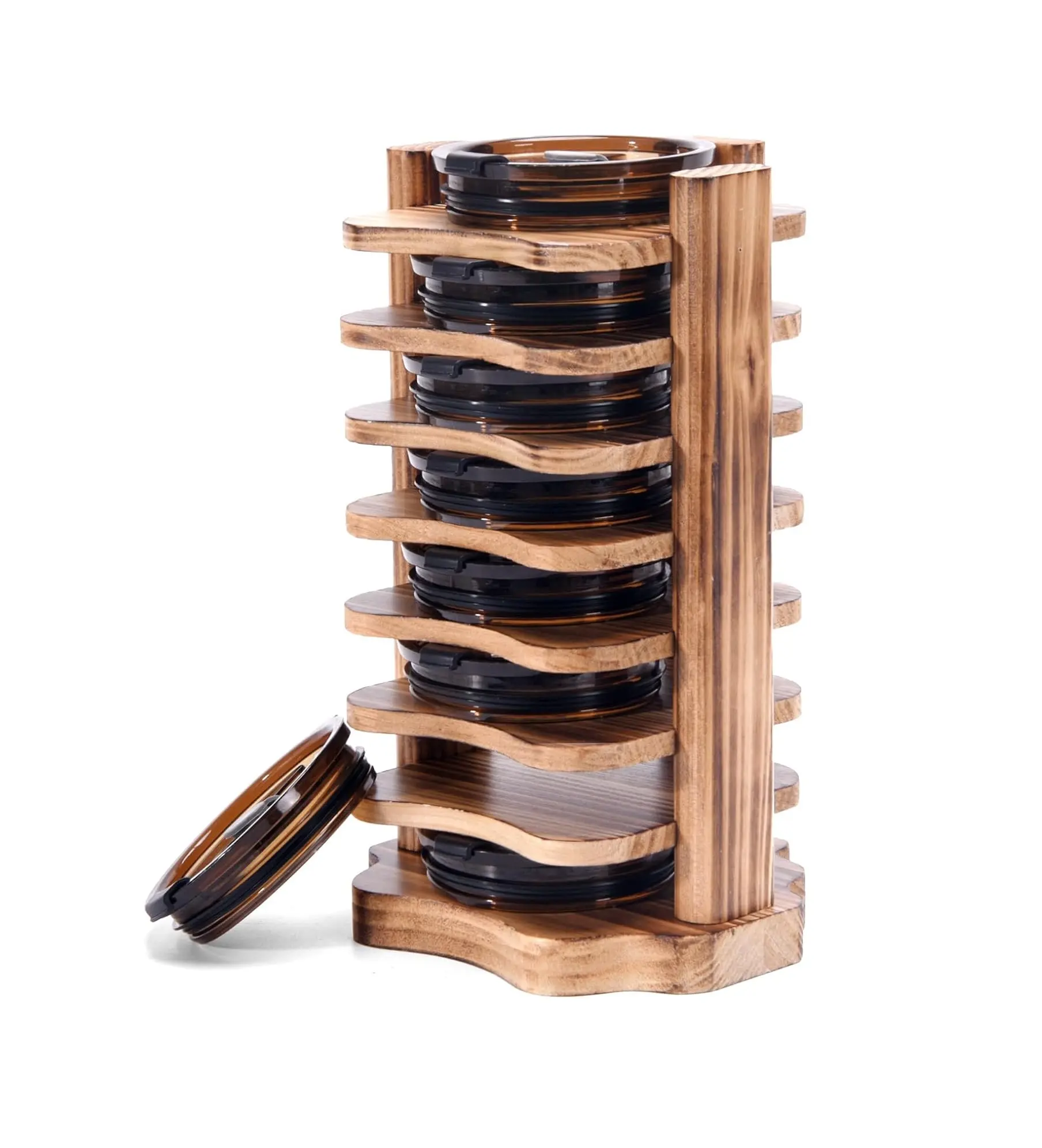 Tumbler Lid Organizer for Kitchen Cabinets - Wooden Tumbler Lid Storage Rack with 8 Tiers Holder Freestanding Water Bottle Lid