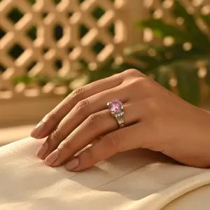 Rose <b>Gold</b> Plated Trendy Silver Pink Gemstone Ring for Women Fashionable Sterling Silver Inlay <b>Number</b> Shape Jewelry Licensed - Product Image 2