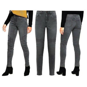 Vaqueros de moto para mujer en gris oscuro y negro, con forro de Kevlar y armadura CE extraíble, vaqueros de moto de Kevlar. - Product Image 3