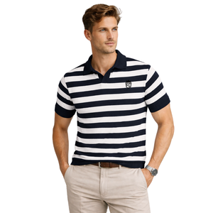 Polo à rayures en maille torsadée pour homme, en coton premium, manches courtes, texture classique, coupe décontractée, vêtement élégant - Product Image 1