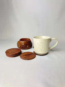 Lotus Design Wood Engraved Round Wooden <b>Coaster</b> with Lid for <b>Table</b> Decoration and Gift Walnut <b>Coaster</b> - Product Image 3