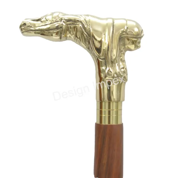 단단한 알루미늄 나무 지팡이 스틱 높은 요구 인도에서 만든 사용자 정의 말 머리 손잡이 황동 금 걷는 막대기