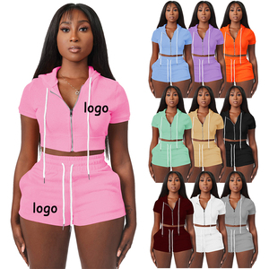 Fruit Color Women 2 Piece Casual <b>Set</b> Front Zipper Open Fashional Embroidered Printed LOGO Custom Shorts Hooded Jogger <b>Set</b> 2025 - Product Image 1