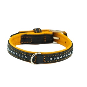 Collier de chien en cuir véritable noir le plus vendu avec collier de chien rembourré jaune et clous de cristaux Fabricant de fournisseur indien supérieur - Product Image 4