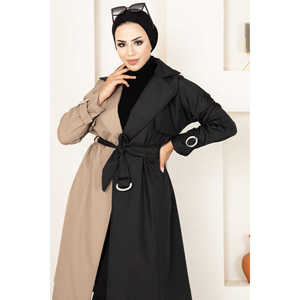 Manteau trench bicolore pour femme, crème-noir, imperméable, long, doublure en lin, tissu en laine, ceinture en fourrure, pour l'automne, modèle 100MD-10016 - Product Image 2