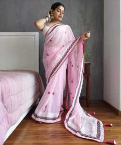 Saree femmes portent Sari meilleur prix tenue de fête avec belle pièce de chemisier indien adultes soutien 500 inde et Pakistan rouge et Beige Alphanumero - Product Image 5