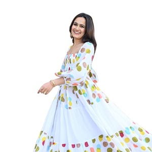 Nouveau Dot Print Floor Length Square Neck Puff Three Quarter Sleeve Designer Heavy Maxi Dress - Product Image 1