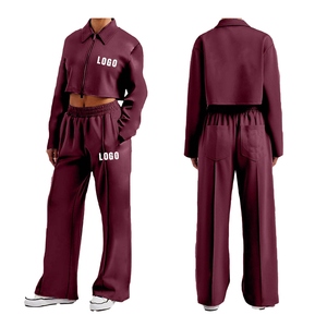 Trendy <b>Cropped</b> Tracksuit Set for Women Custom Logo <b>Zip</b> <b>Up</b> Hoodie and Jogger Pants Sweat Suit for Winter Running Training - Product Image 5