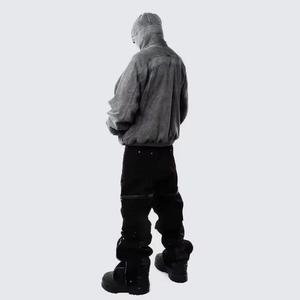 wholesale <b>drop</b> shoulder vintage black hooded clothing manufacturer sweater custom <b>acid</b> wash full face zip up men's Ninja hoodie - Product Image 2